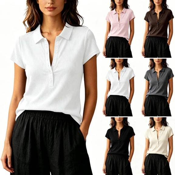 DYTTDG Women's Ribbed Knit Notch Shirt | Short Sleeve Henley Button Down Collared Casual Blouse for Everyday & Work, Stretchy Knit Top