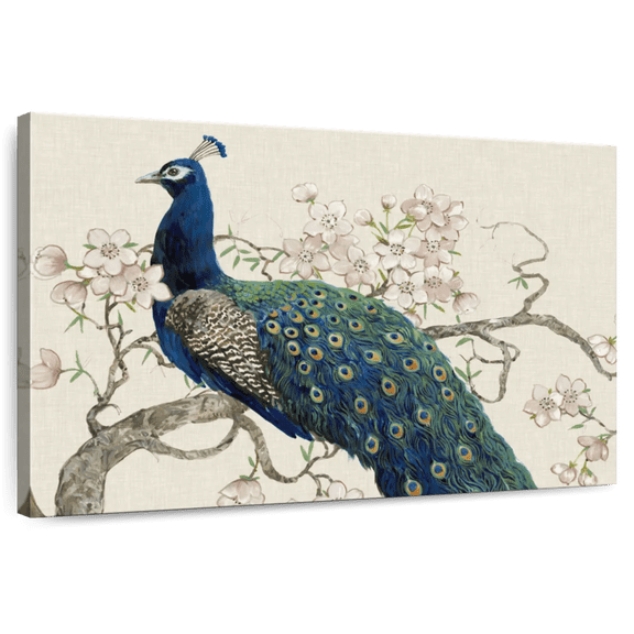 Elephant Stock Peacock And Blossoms Ii Wall Art - Horizontal Canvas Wall Art - Living Room Wall Decor - Animal Canvas - Blue And Green Decor By Tim O'toole - 12" x 8"