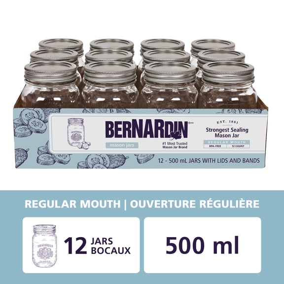 Bernardin Mason Jars, Regular Mouth, 500 mL, 12 Count