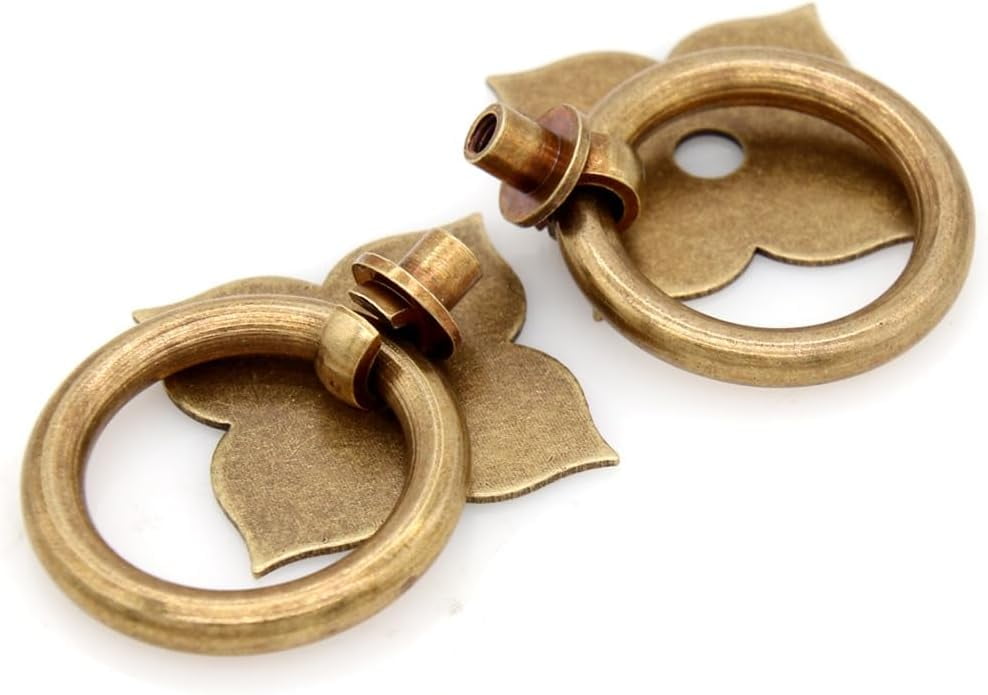 ABCISI 6 PCs Pure Copper Ring Pulls - Vintage Antique Brass Ring Pulls with Four-Leaf Clover Shaped Base - Pure Solid Brass Core - Ring Size 1.4" (3.5 cm)