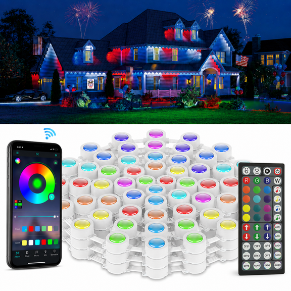 ZIOBLW 100FT 50LED RGB IC Permanent Outdoor Eaves Lights, Smart App & Button Control, IP67 Waterproof Wall Washer Roof Lights with 200  Scene Modes, 16M Colors for Holiday Garden Party Decor