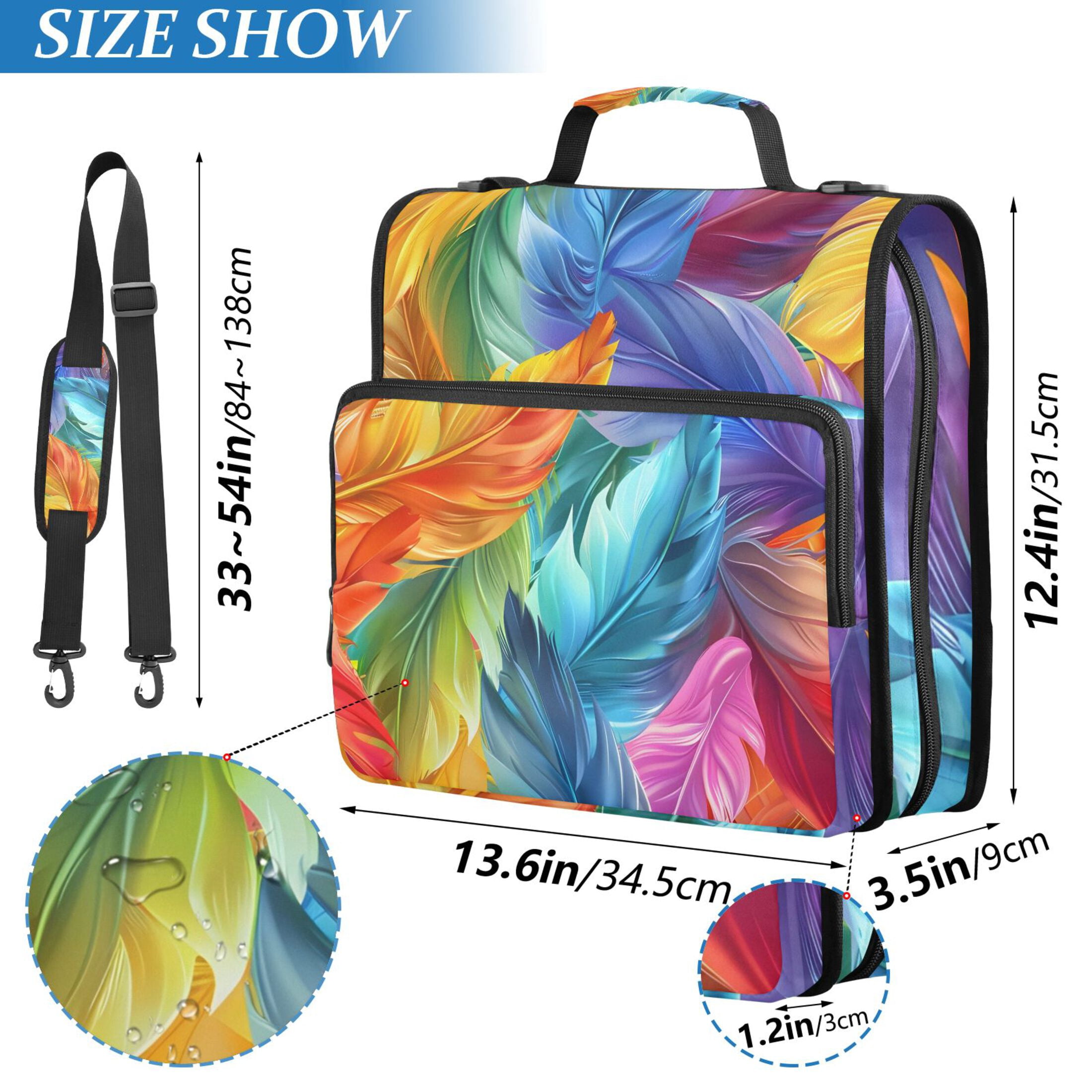 3 Ring Zipper Binder with Shoulder Strap Waterproof Trapper Keeper 2 Inch D-Ring 500 Sheets Capacity Colorful Feathers