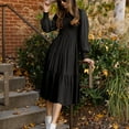 thumbnail image 2 of Vestido llano Cuello redondo Manga larga Shirred Pecho Retro Suelto Cómodo Vestido largo Negro S, 2 of 8