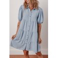 thumbnail image 5 of Casual Summer Shift Dress in Solid Blue - Button Up with Pleated Details and Puff Sleeves | [ZhiHiMeRi] | (US 4-6)S, 5 of 10