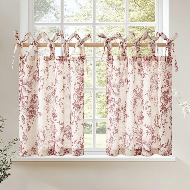 Cortinas Jinchan con estampado floral de lino, 60 cm, estilo Farmhouse Café, color rojo y beige
