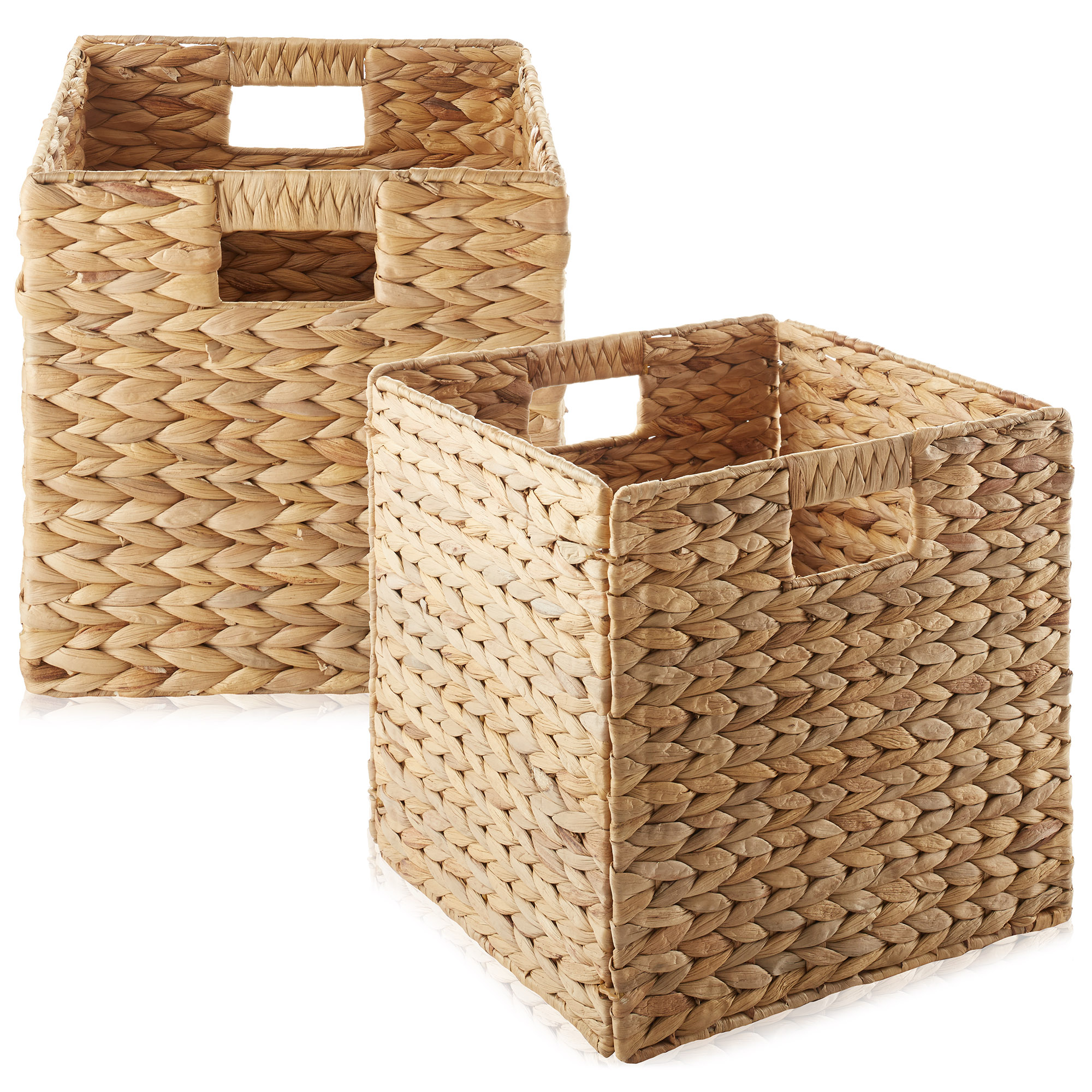 Casafield 12" x 12" Water Hyacinth Storage Baskets, Natural - Set of 2 Collapsible Cube Organizers, Woven Bins for Bathroom, Bedroom, Laundry, Pantry, Shelves