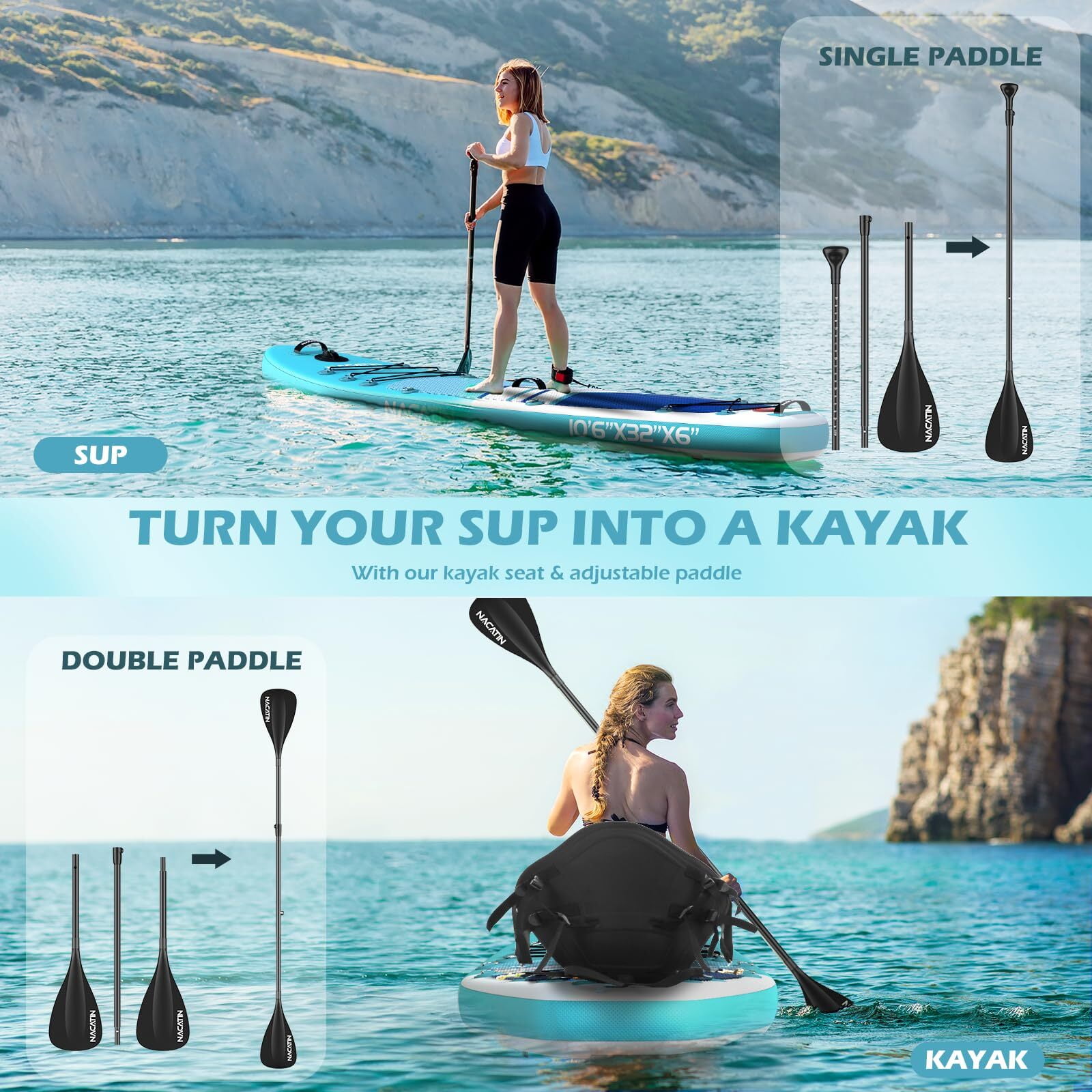 10'6" Inflatable Paddle Board with Kayak Seat Nacatin Stand-Up Paddleboard with Premium SUP Board Accessories Kit and Backpack