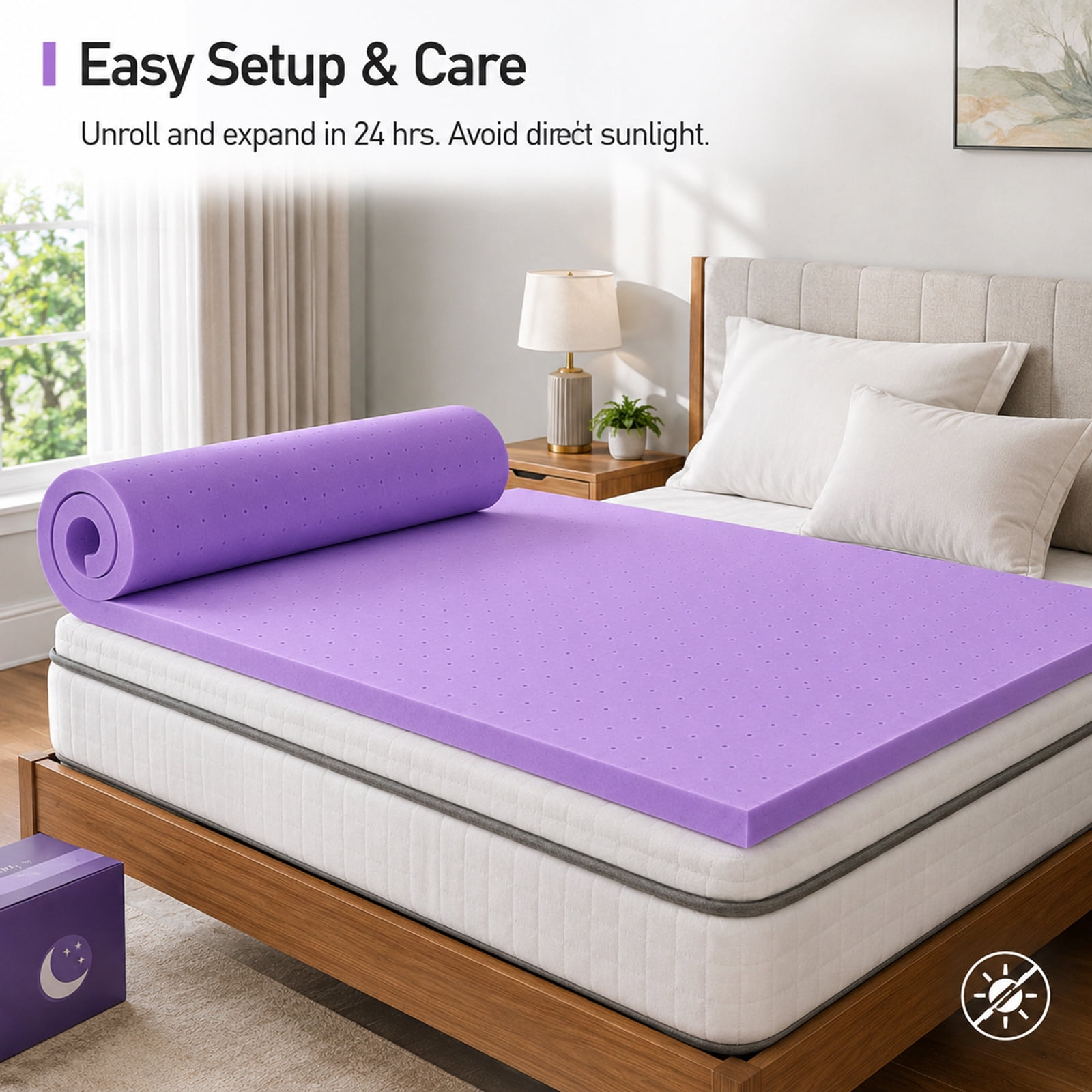 Alvantor 4 Inch Cooling Gel Memory Foam Mattress Topper Pressure Relief Pad, Ventilated Design Bed Topper, Purple