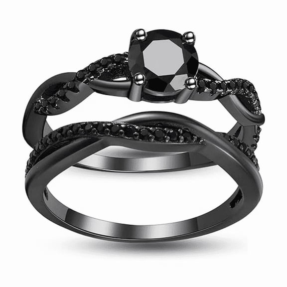 Round Cut Black Onyx Wedding Bridal Ring Set in 14k Black Gold Finish - Birthday Gift For Wife
