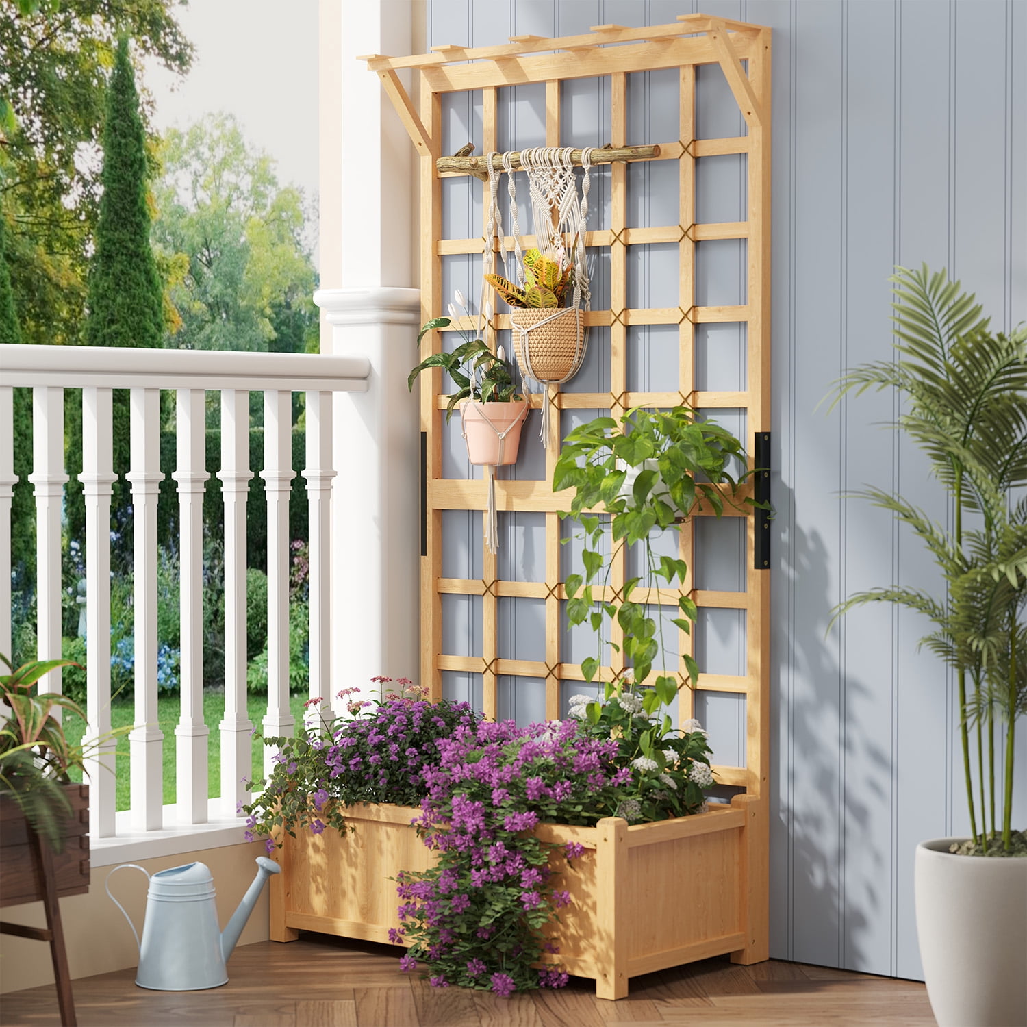 BaPiPro Tall Wood Planter Box with Trellis - 35"W x 72"H Raised Garden Bed with Hanging Roof, Outdoor Elevated Planter for Climbing Plants, Flowers