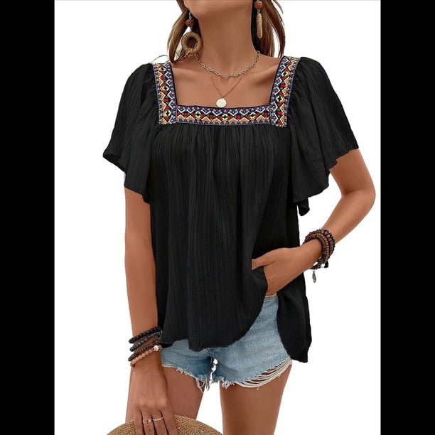 Camisas Mexicanas para Mujer, Estilo Bohemio, Bordadas, de Corta con Mariposa y Cuello Cuadrado, Blusas Holgadas. Negro S