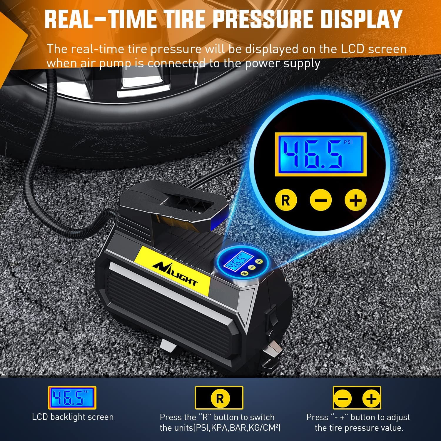 Nilight Tire Inflator Air Compressor Portable Air Pump for 12V DC Car Tires with Digital Pressure Gauge 150PSI Auto Tire Pump with LED Light for Cars ATVs Bicycles