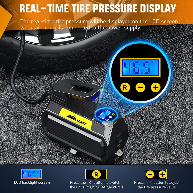 Nilight Tire Inflator Air Compressor Portable Air Pump for 12V DC Car Tires  with Digital Pressure Gauge 150PSI Auto Tire Pump with LED Light for Cars  ATVs Bicycles, 2 Years Warranty 