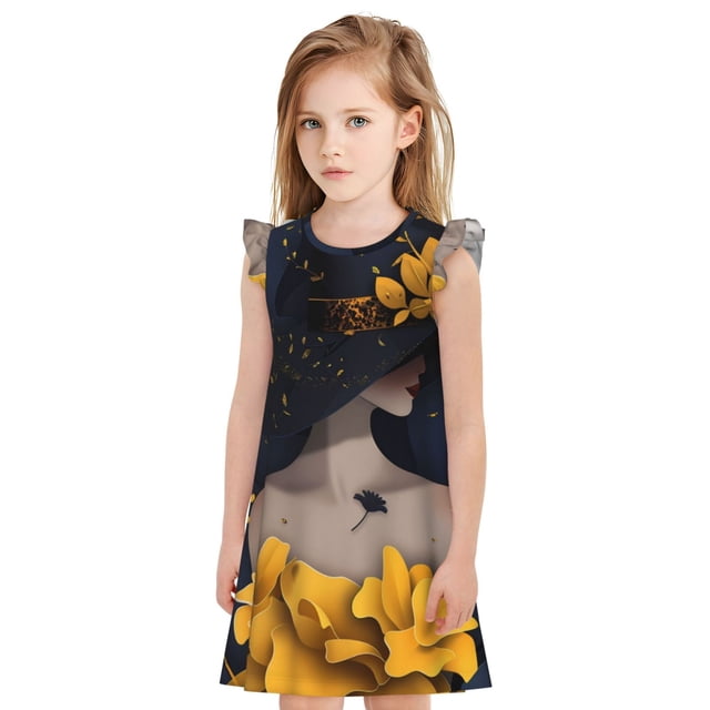 Fotbe Elegant Lady With Hat Vestido de Dormir para Niñas de 3 a 10 Años, Mangas Cortas, Estilo Princesa, Pijama Camisón con Mangas Voladas-Small