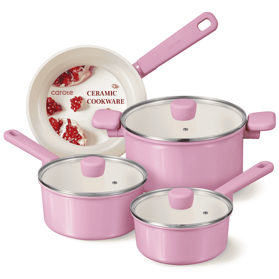 Carote Pink Ceramic Cookware Sets, 7Pcs Natural Nonstick Pots and Pans, Non Toxic Induction Cookware