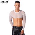 thumbnail image 2 of Top corto de malla transparente para hombre, cuello simulado, ropa de playa, espectáculo, disfraz rave, camiseta de manga larga para culturismo, 2 of 5