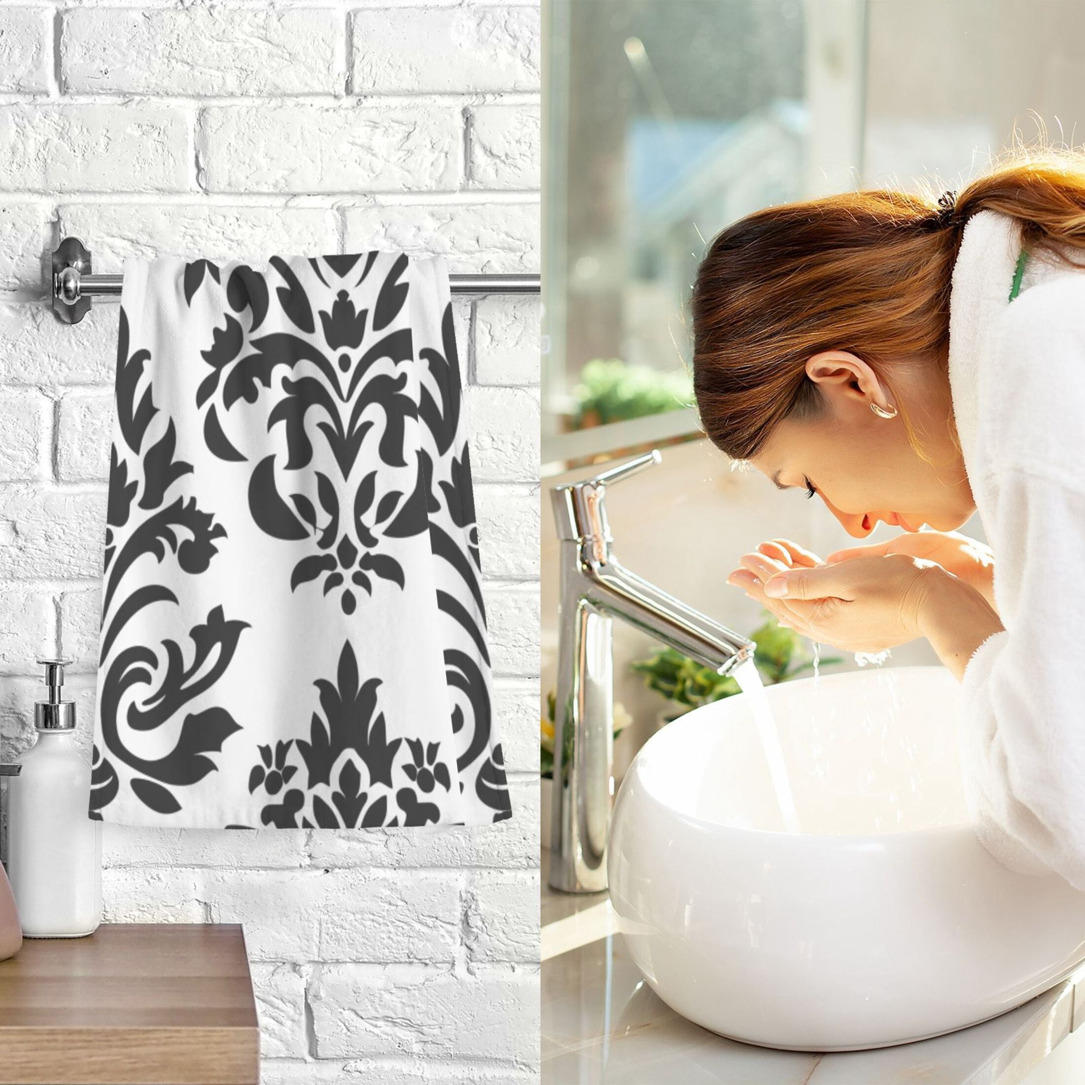 Baroque Black Damask Figure 2 Pcs Hand Towel Set Cotton Absorbent Soft Face Towels Bath Towels for Bathroom Kitchen Shower Hotel Decor 16"x28"
