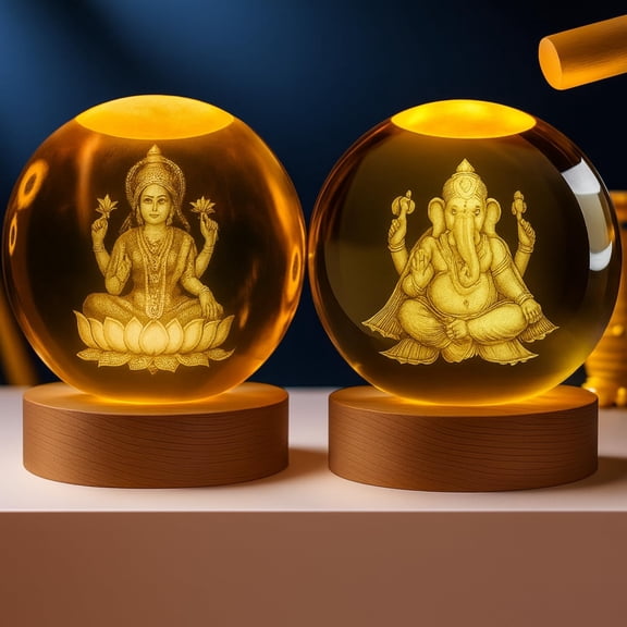 Ganesh & Lakshmi 3D Crystal Night Lamp Set, USB LED Light With Wooden Base | Spiritual Home & Temple Décor | Festive Gift For Diwali, Housewarming & Puja | Durable & Stylish Lamps
