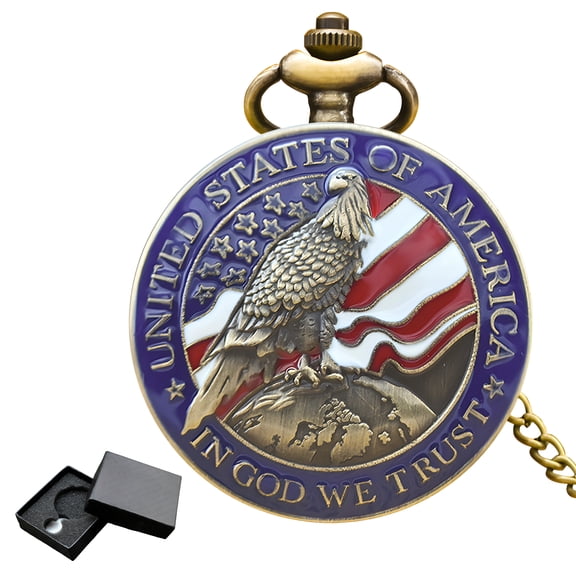 DESIGNICE Mens Pocket Watch,Retro Relief Pocket Watch,Patriotic Theme Pocket Watch with Chain and Box,Father Gifts for Christmas,Clothing Accessories,Blue