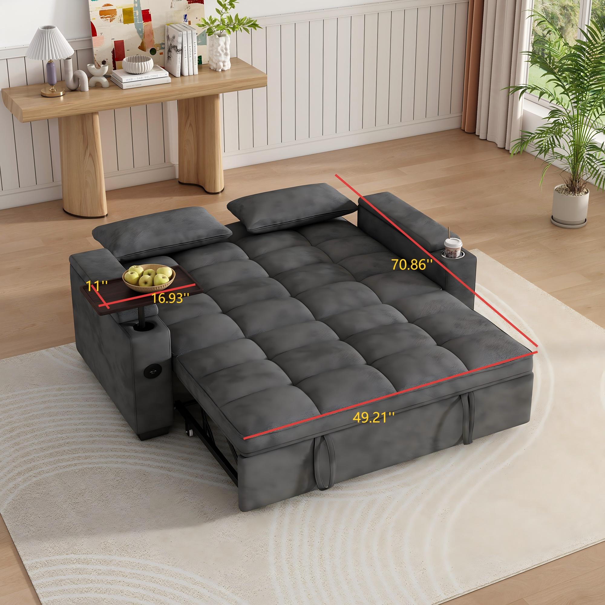 Aukfa 65"W Convertible 3-in-1 Sofa Bed with Storage, Queen Chenille Sleeper Couch with USB/Type-C Ports & Rotating Side Table,Gray