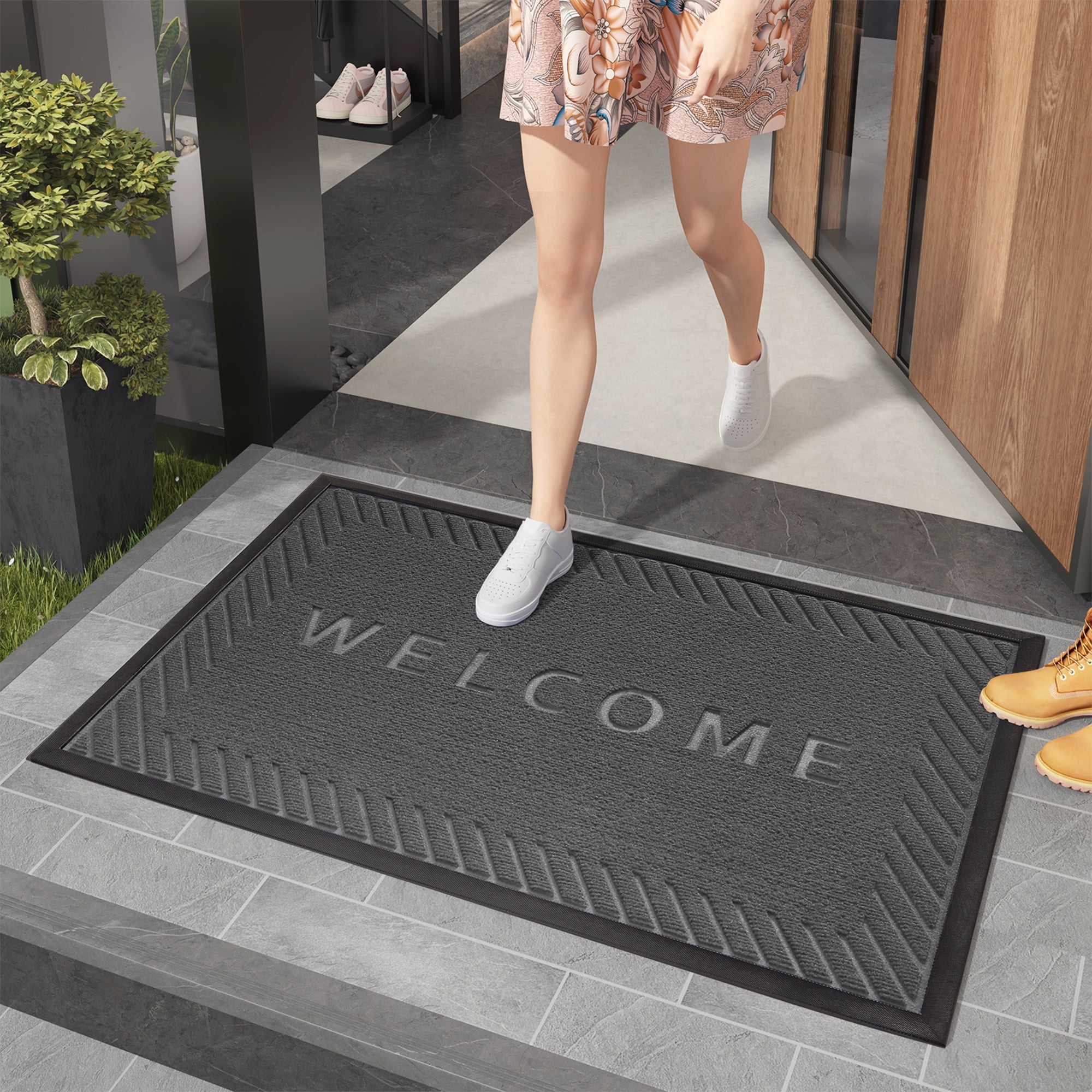PABUBE Welcome Mat Front Door Mat Non-slip Doormat, Low Profile Outdoor Doormat Entry Rug for Entryway, Patio, Black Gray, 24" x 36"