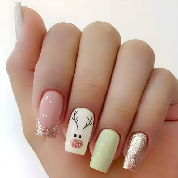Yoyauz 24 PCS Christmas Fake Nails Shining Gold Deer Design Short Fake Nails, Christmas Color Nails Used for DIY Nail Decoration in Winter