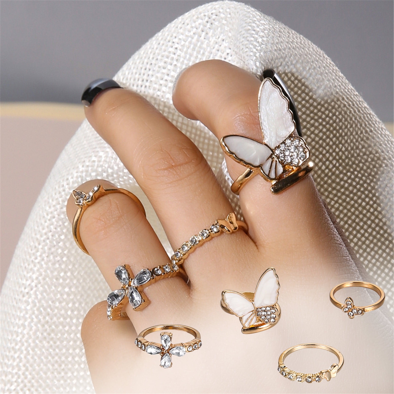 floral hoop Classic Round Butterfly Finger Rings Stainless Steel Rings for Women Crystal Ring Fashion Jewelry,6,Silver1 