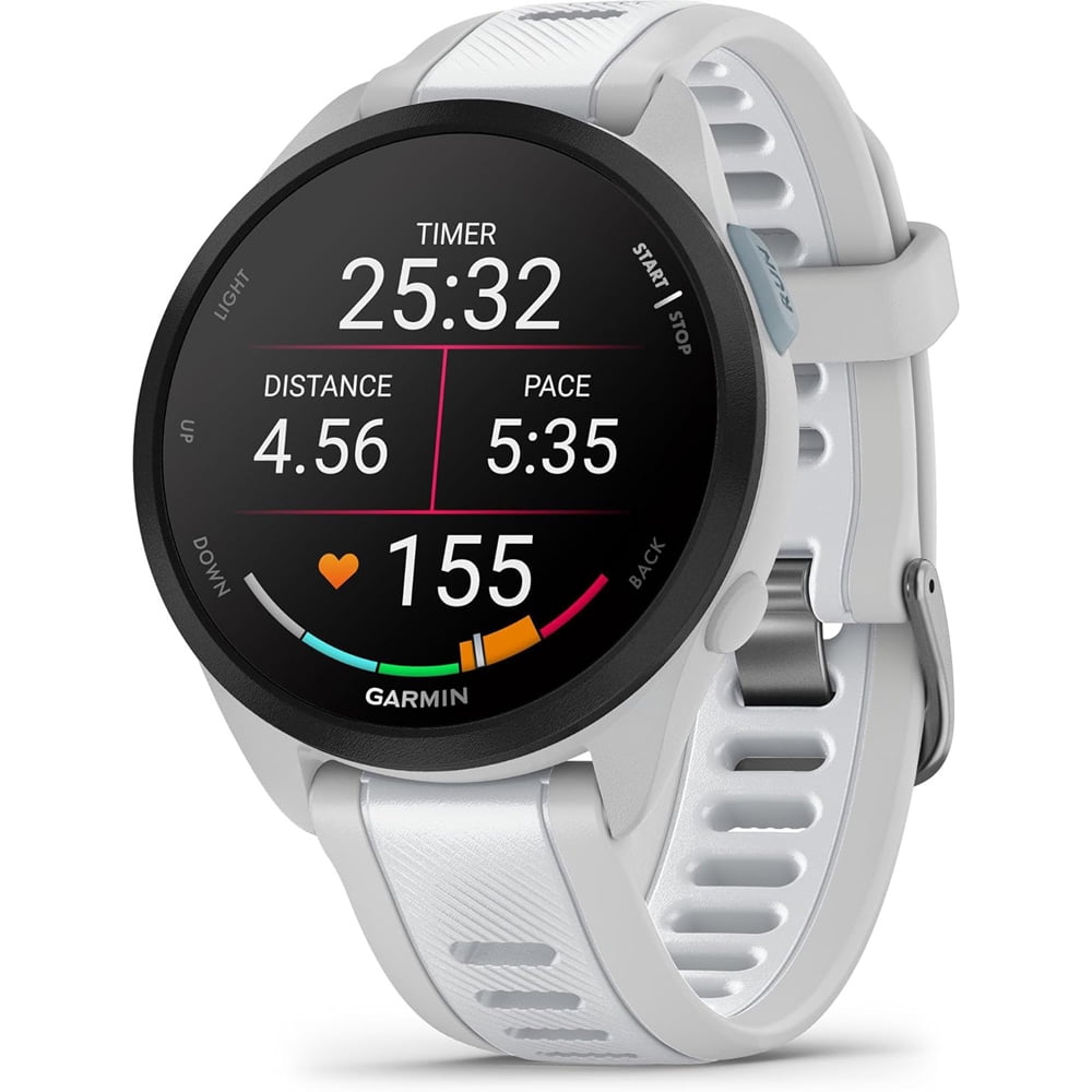 Garmin Forerunner 165 Music Smart Sport Watch, Mist Gray + Whitestone with HRM 200 Heart Rate Monitor Strap (M-XL) Bundle with Deco Essentials Collapsable Water Bottle
