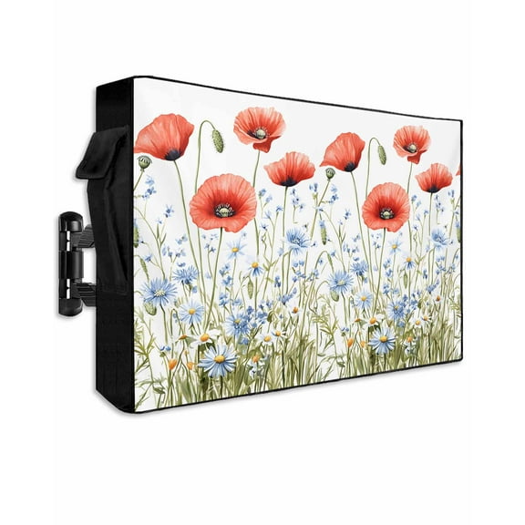 4th of July Flower Outdoor TV Cover 60 to 65 Inch Weatherproof, Patriotic Red Blue Poppy Floral Daisy 600D Oxford TV Covers with Waterproof Zipper, Outside Flat TV Screen Protector 58"Wx37"Hx4.5"D