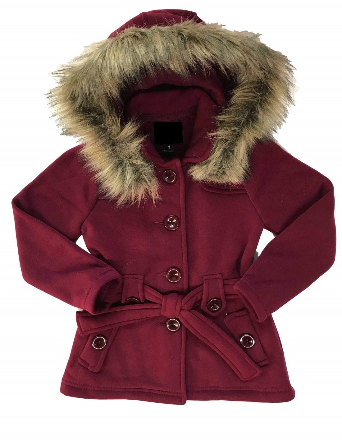 Girl's Fleece Detachable Faux Fur Trim Hood Button Polyester Belted Coat Jacket 