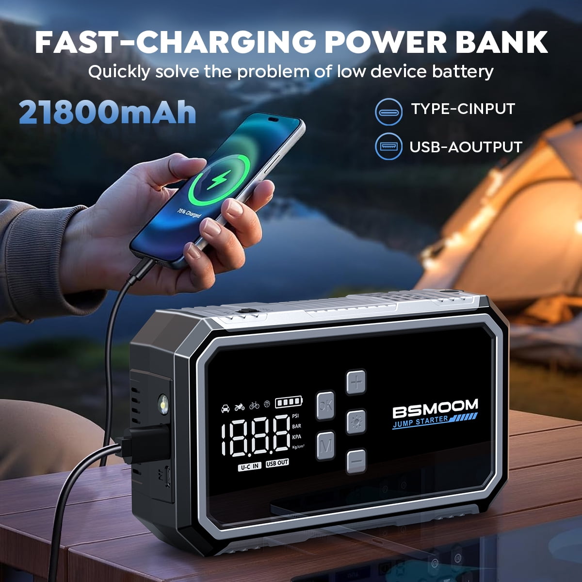 BSMOOM 7000A Jump Starter with Air Compressor, 21800mAh Car Battery Jump Starter (All Gas/10.0L Diesel) with 160PSI Tire Inflator, 12V Portable Jump Box with Booster, Jumper Cables