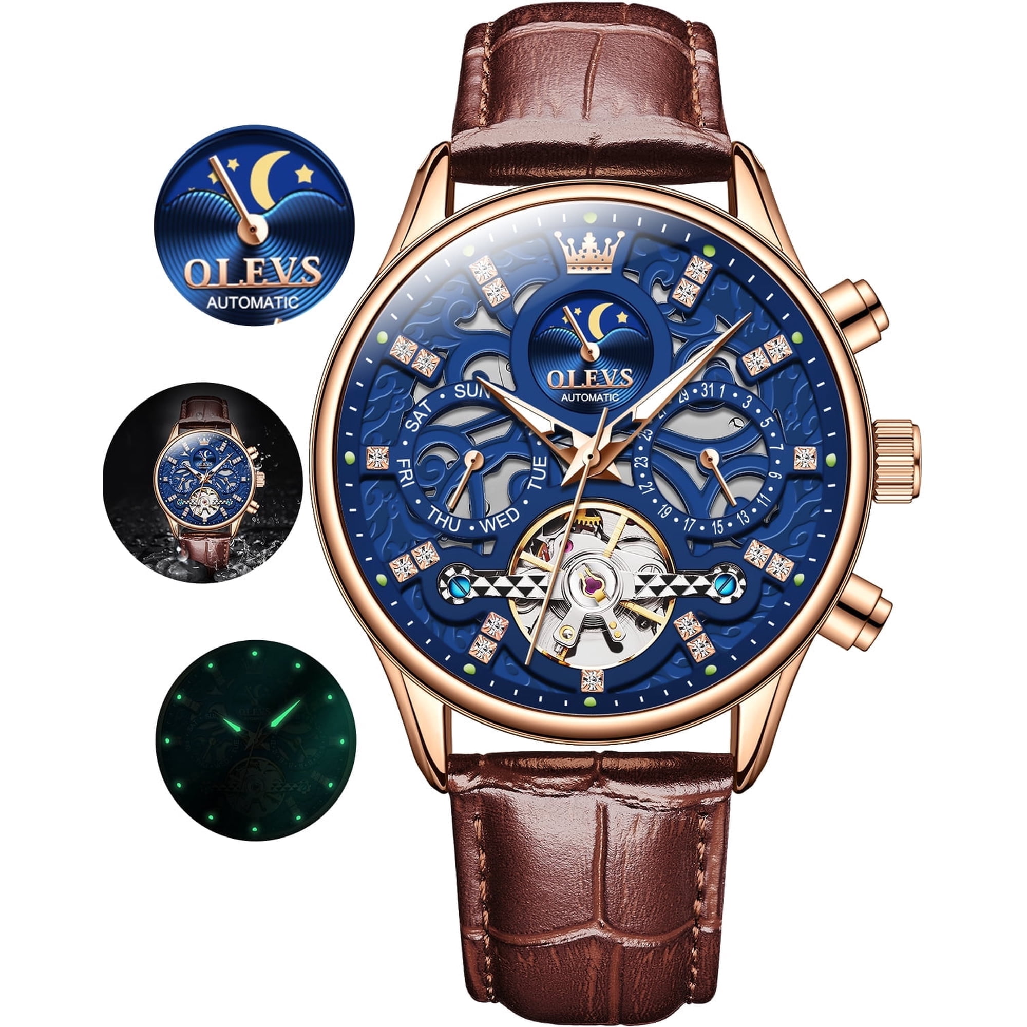 OLEVS Automatic Watches for Men Self Winding Mechanical Chronograph Skeleton Flywheel Luxury Dress Black Brown Leather Diamond Moon Phase Waterproof Luminous Mens Wrist Watches Reloj Para Hombre