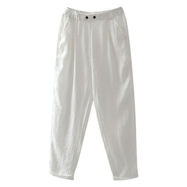 BLVB Women Casual Cotton Linen Baggy Pants Elastic Waist Harem Pants Tapered Womens Lounge Trousers with Pockets