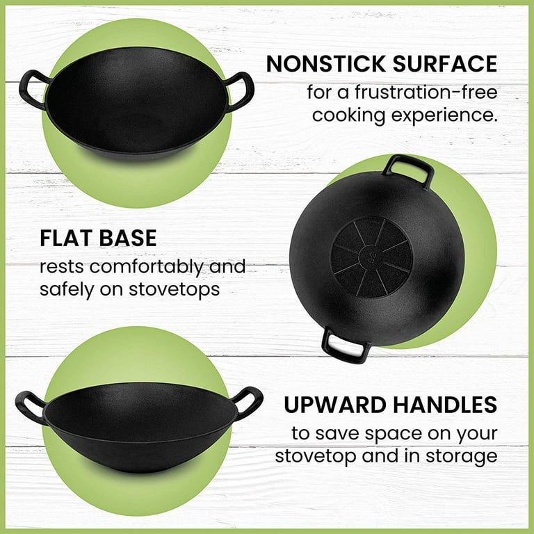 Klee Pre-Seasoned Cast Iron Wok Pan with Wood Wok Lid and Handles - 14  Large Wok Pan with Flat Base and Non-Stick Surface for Deep Frying