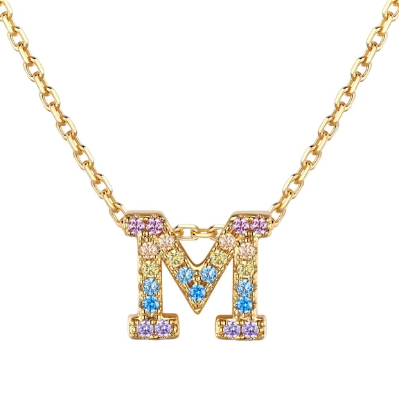 Just Being Cute Initial Necklaces for Women Rainbow Cubic Zirconia Letter M Pendant, 14K Gold Plated Personalized Name Necklace Birthday Graduation Jewelry Gifts for Mom/Her/Wife
