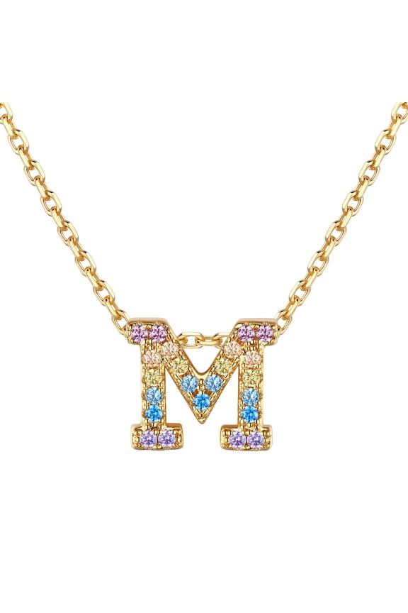 Initial Necklaces for Women Rainbow Cubic Zirconia Letter M Pendant, 14K Gold Plated Personalized Name Necklace Birthday Graduation Jewelry Gifts for Mom/Her/Wife