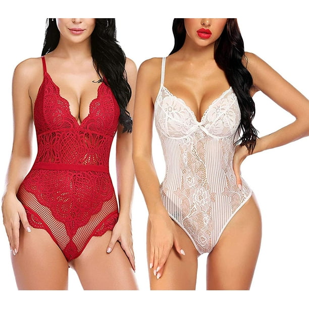 HTAIGUO Snap Crotch Lingerie Sexy One Piece Lace Teddy Leotard