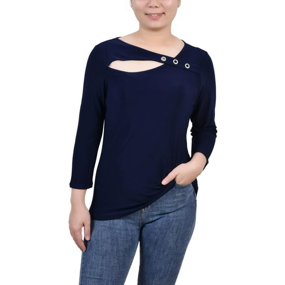 NY Collection Womens Petites Cut-Out Embellished Blouse