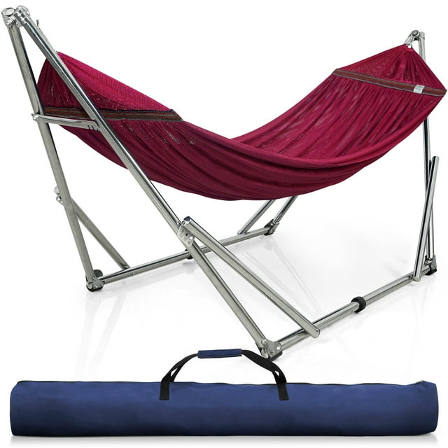 Tranquillo Adjustable Hammock Stand / Collapsible Hammock with Stand – Picnic Hammock Stand and 2 Layered Polyester Hammock Net for 2 Persons with Carry Bag - Supports up to 650lbs, Red