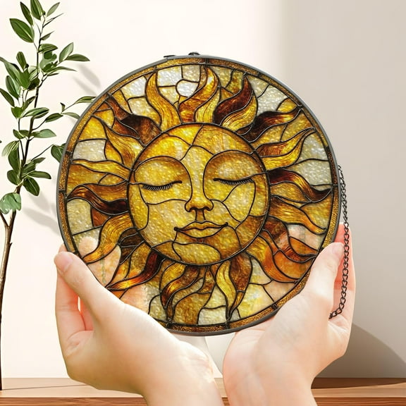 Golden Sun Face Stained Glass Suncatcher, Boho Window Hanging for Spiritual Home, Sun Decor, Gift for Nature Lovers, Astrology Lovers Gift