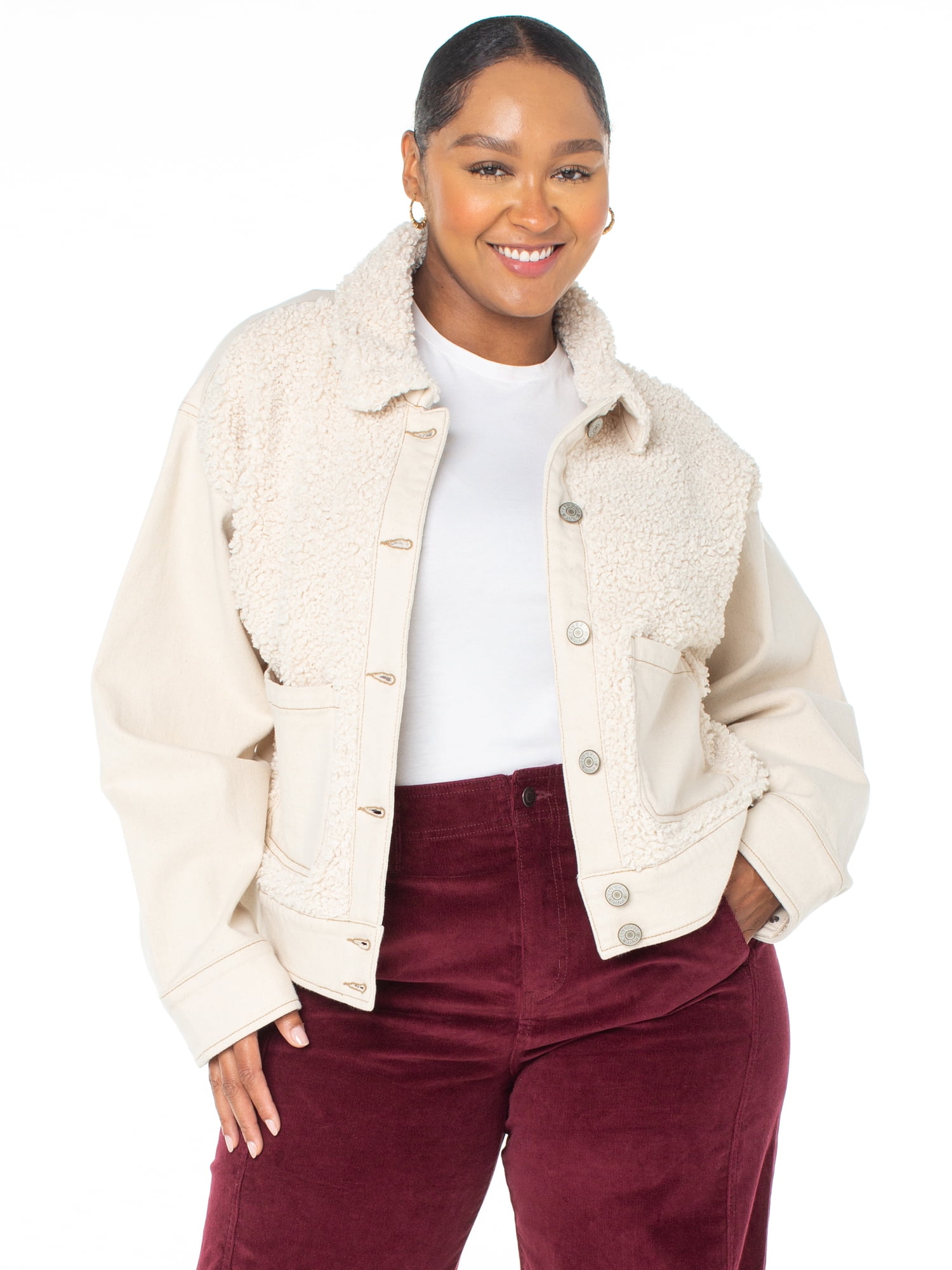 Celebrity Pink Women's and Women's Plus Faux Shearling Denim Jacket, Sizes XS-4X