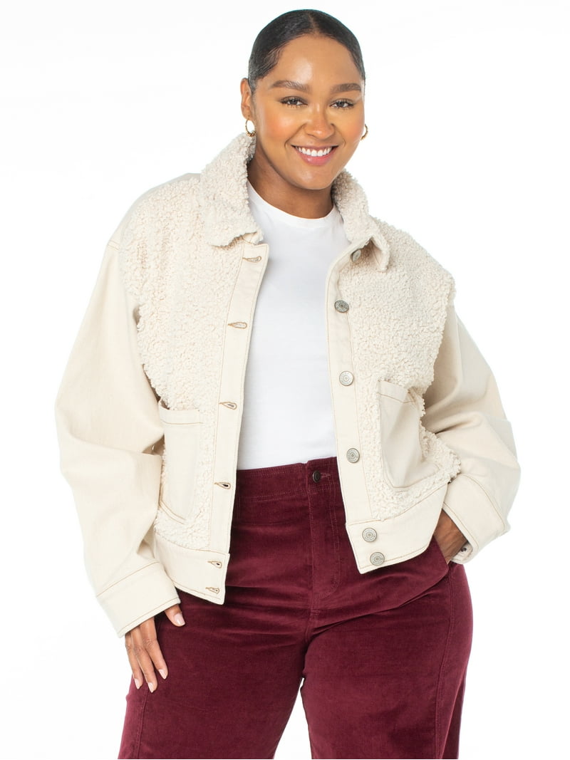 Denim × Faux Shearing Puffer Jacket Celebrity Pink Women's and Women's Plus Faux Shearling Denim