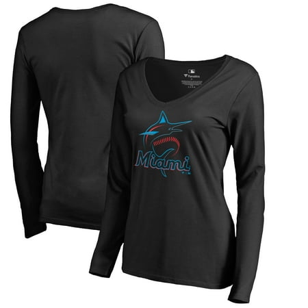 Florida Marlins Logos - Miami Marlins Women's Team Color Primary Logo V-Neck Long Sleeve T-Shirt - Black