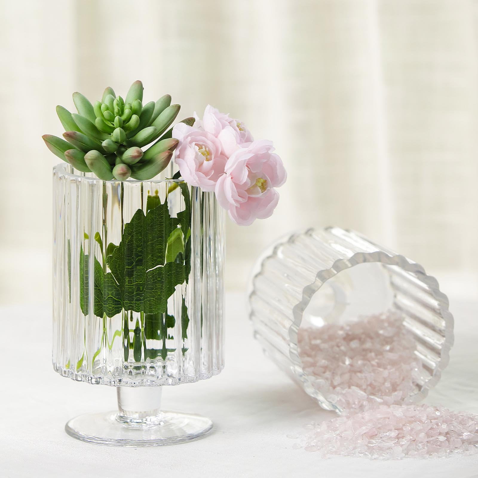 2 Pack 6" Ribbed Pedestal Glass Vases Heavy Duty Glass Candle