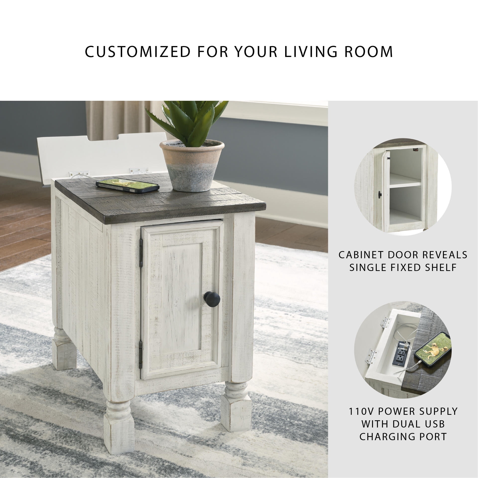 Signature Design by Ashley Havalance Chairside End Table with USB Charging, White/Gray
