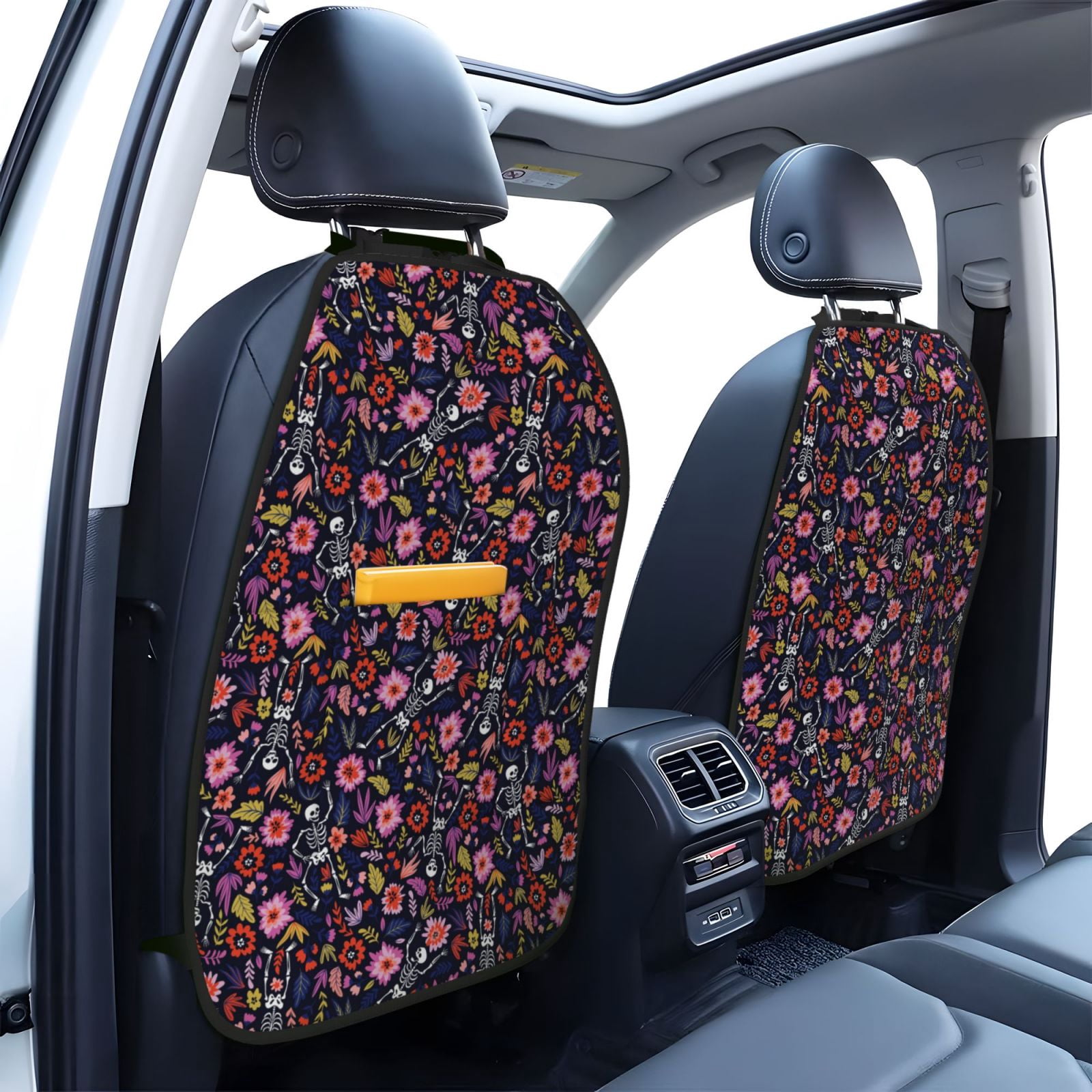 Kdxio Dancing Skeletons Floral Garden Print 2 Pack Car Kick Mat Seat Cover Back Protector Mat with Pockets for Organizer Backseat Protector and Storage Anti Kick Pad for Vehicles
