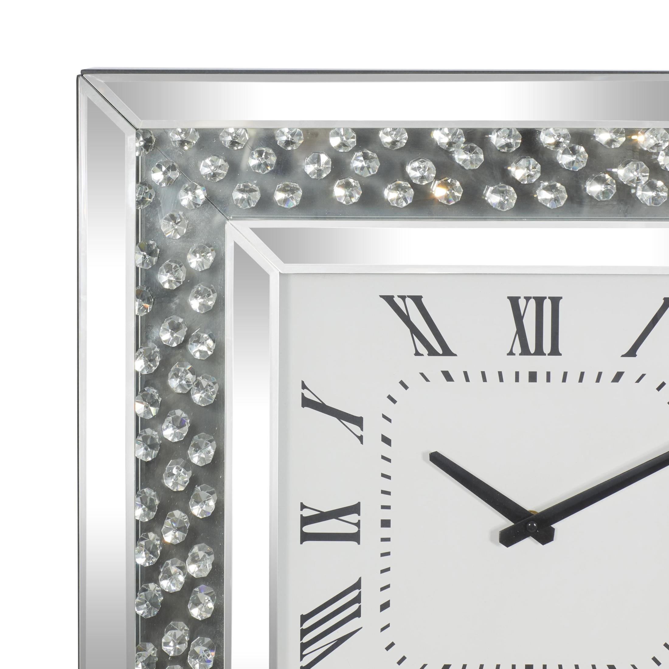 DecMode 2" Silver Wooden Mirrored Wall Clock with Floating Crystals