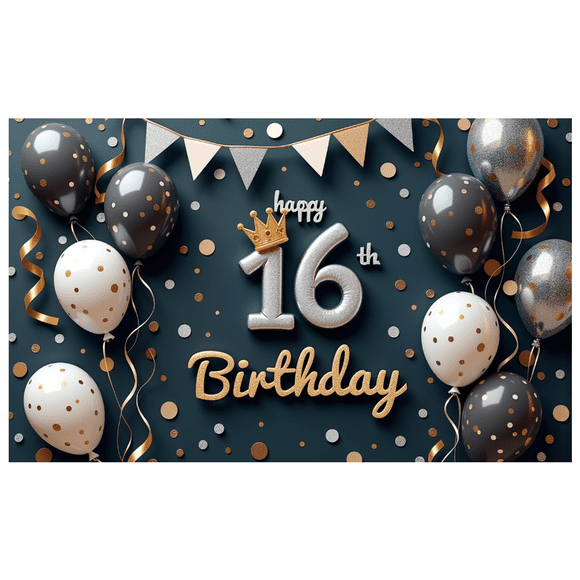 Polyester Material Happy Birthday Glittering Design Banner Colorful Balloons Birthday Party Decoration for Sweet 16 Event Celebration Indoor Decoration