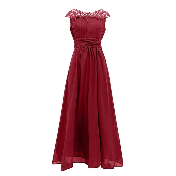 Qiopertar Women's Formal Evening Dress Elegant Lace V-Neck Long Sleeveless Maxi Dress with Slit Cocktail Party Wedding Guest Gown, Red S