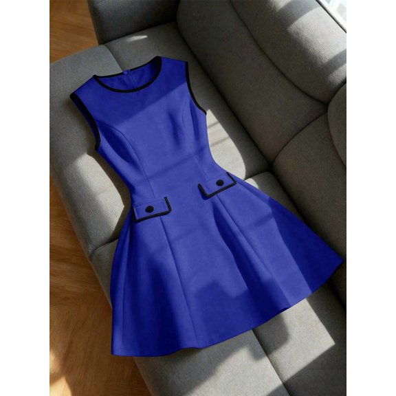 Royal Blue Sleeveless Round Neck A-Line Dress With Contrast Trim And Front Pockets